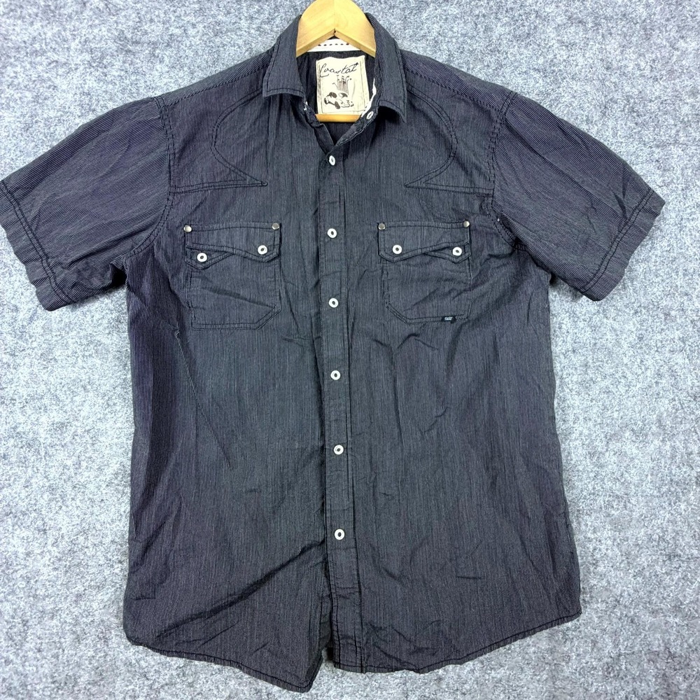 Coastal Western Shirt Mens Large Black White Pinstripe Short Sleeve Snap Front